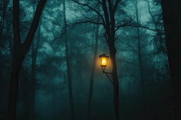 Poster - Misty forest with eerie fog and a glowing street lamp creates a suspenseful atmosphere in a dark landscape