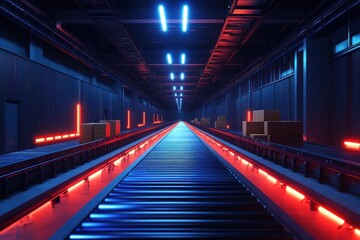 Poster - Futuristic warehouse interior with illuminated conveyor belts and boxes