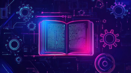 Poster - Open book surrounded by technological gears and circuits in a vibrant setting