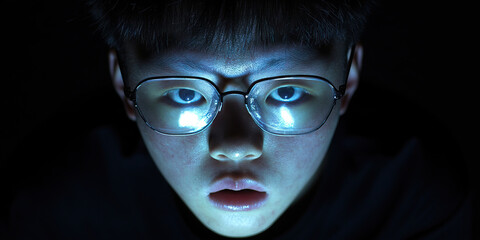 Poster - Close-up Portrait: Young Person with Glasses Illuminated by Blue Light