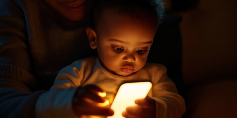 Poster - Toddler Interacting with Illuminated Smartphone at Night