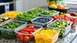 © PixelPlace - A vibrant display of fresh fruits and vegetables arranged in containers on a kitchen countertop, promoting healthy eating and meal preparation.