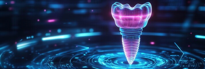 Aufkleber - Futuristic wireframe dental implant in a glowing high-tech interface featuring vibrant blue and purple colors