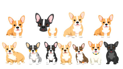  French Bulldog Corgi clipart. French Bulldog - Welsh Corgi mix. All possible coat colors, breed information, adults and puppies.  Vector illustration