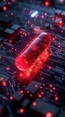 Poster - Glowing red capsule on a circuit board with digital sparks and lights