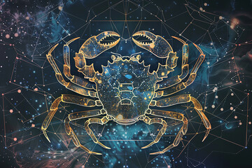 Abstract illustration of crab in space with stars and nebulae representing zodiac sign Cancer astrology and cosmic art, concept: crab, cancer,, astrology, space