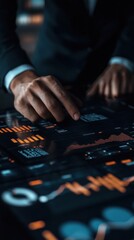Poster - Business professional analyzing data on a touchscreen interface in a modern office