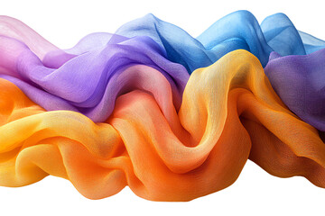 Aufkleber - Vibrant fabric waves in shades of purple, blue, orange, and yellow creating a flowing motion on a white isolated background.