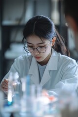 Poster - Young scientist focused on experiment in laboratory with glassware
