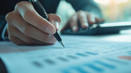 Poster - Business professional analyzing financial reports and charts at desk