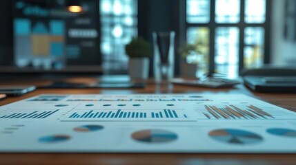 Poster - A detailed business report showcasing data analysis on a conference table, with a modern office background and digital presentation
