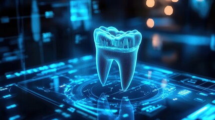 Leinwandbilder - Modern holographic interface showcases a rotating 3D dental implant with futuristic scanning effects and digital blueprints