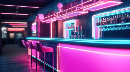 Poster - retro-style neon lighting in pink and blue brightens the bar.