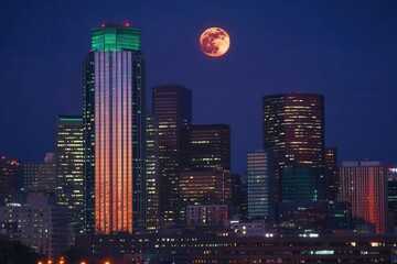 Poster - Colorful nighttime cityscape with illuminated skyline and moon over the tallest building