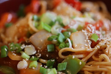 Poster - Asian-style food, noodles, vegetables, meal prep.