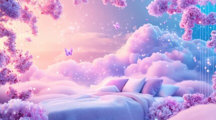 Poster - Adorable cozy-themed wallpaper featuring fluffy clouds, soft blankets, and a warm, dreamy glow.