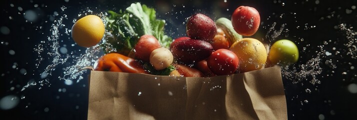 Poster - Fresh fruits and vegetables cascading from a paper grocery bag in dramatic lighting