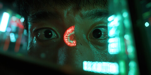 Poster - Close-up of Human Eyes Reflected in Teal and Red Illuminated Screen