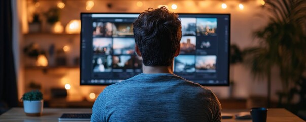 a man sitting in front of a computer monitor editing pictures.