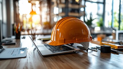 Construction workspace featuring an orange hard hat on a laptop with tools in the background