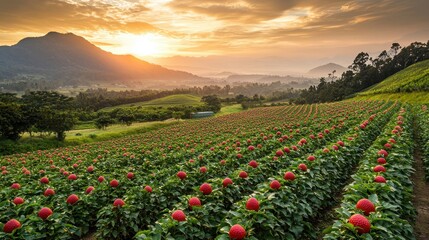 Wall Mural - Aerial View of Vibrant Watermelon Farm at Sunset Landscape