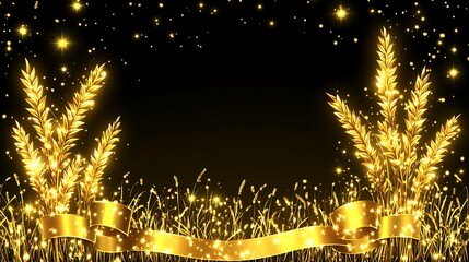 Poster - Golden wheat field with ribbon and sparkling stars for elegant designs
