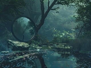 Wall Mural - mystical forest reflection captured in a circular mirror near still waters