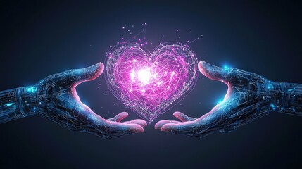 Aufkleber - high-tech robotic fingers and human fingers interlocking into a heart shape, glowing softly, represe