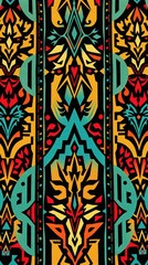 Aufkleber - a vertical pattern design, incorporating a mix of vibrant colors and intricate geometric motifs, with a black background. This design would be perfect for textiles, wallpapers.