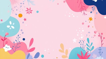 Poster - Minimal kawaii background with abstract rounded shapes, small doodle-style characters, and a pastel pink base.