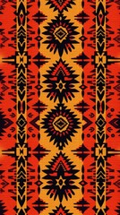 Poster - vibrant and intricate tribal pattern in warm shades of orange and yellow. The design features geometric shapes and a symmetrical arrangement, evoking a sense of tradition and artistry