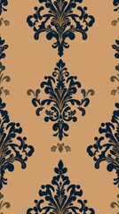 Poster - seamless damask pattern in shades of blue and gold, with elegant and ornate design. This classic wallpaper creates a rich and luxurious feel. 