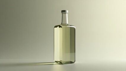 Poster - a elegant bottle filled with a beverage. The transparent glass reveals the liquid inside