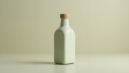 Poster - a minimalist shot of a stylish bottle with a wooden cap. The bottle is elegantly placed on a surface