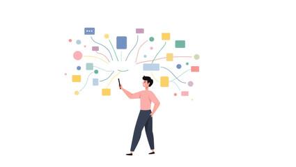 Poster - a man using smartphone connected to many colourful graphic design elements representing ideas and concepts