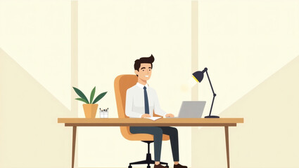 Poster - a businessman working diligently at his desk with a laptop, desk lamp, and plant