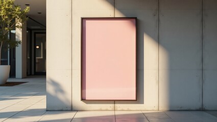 Poster - an empty pink poster on a building wall. It is in sunlight and next to the tree 