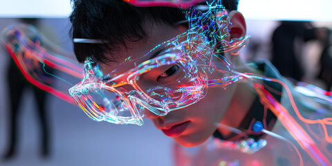 Poster - Portrait of Person with Iridescent Translucent Structure and Light Trails