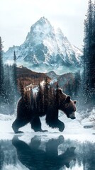 Wall Mural - majestic brown bear in winter mountain landscape