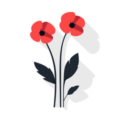Very Simple flat 2D icon orange poppy branch with green leaf isolated on a white background, vector, flat design, animation design, simple flat 2D icon, minimalist design, clipart	