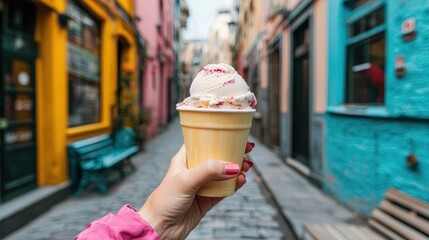Wall Mural - Charming European Street Scene with Ice Cream in Cozy Setting