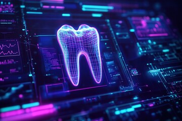Aufkleber - Futuristic dental implant design displayed in a high-tech neon interface with glowing elements and sleek medical UI aesthetics