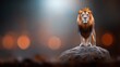 © Nattapol - Majestic lion standing on a rock with a glowing background.