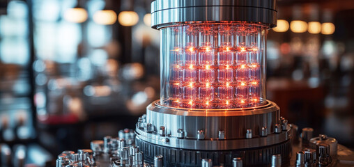 Fototapete - A sophisticated quantum computer featuring qubits in superposition and entangled states is showcased in a modern tech space.
