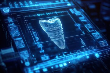 Aufkleber - Interactive display of a 3D dental implant with holographic effects, digital blueprints, and modern technology, capturing innovation in dental science