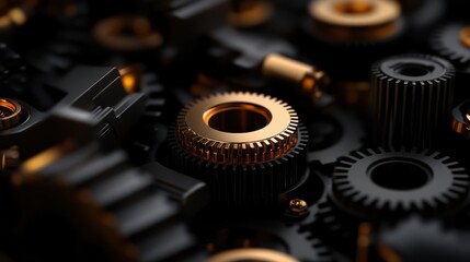 Poster - Intricate Golden Metallic Gears Showcase Precision Engineering and Industrial Design Against a Sleek Black Backdrop Generative AI