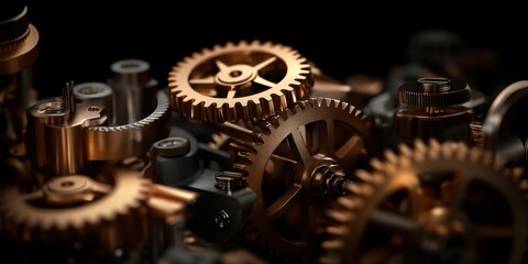 Poster - Golden Metallic Gears Showcase Intricate Precision Engineering Against a Black Backdrop, Emphasizing the Beauty of Industrial Design Generative AI