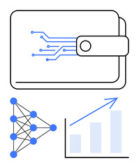 Poster - digital wallet with circuitry pattern, neural network diagram, and upward arrow growth chart. ideal 