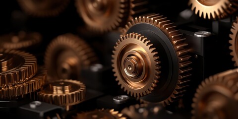 Poster - Intricate Golden Metallic Gears Showcase Impeccable Precision Engineering Against a Sleek Black Backdrop Generative AI