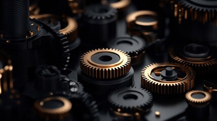 Poster - Golden Metallic Gears Showcase Precision Engineering on a Black Background Highlighting Intricate Industrial Design Generative AI